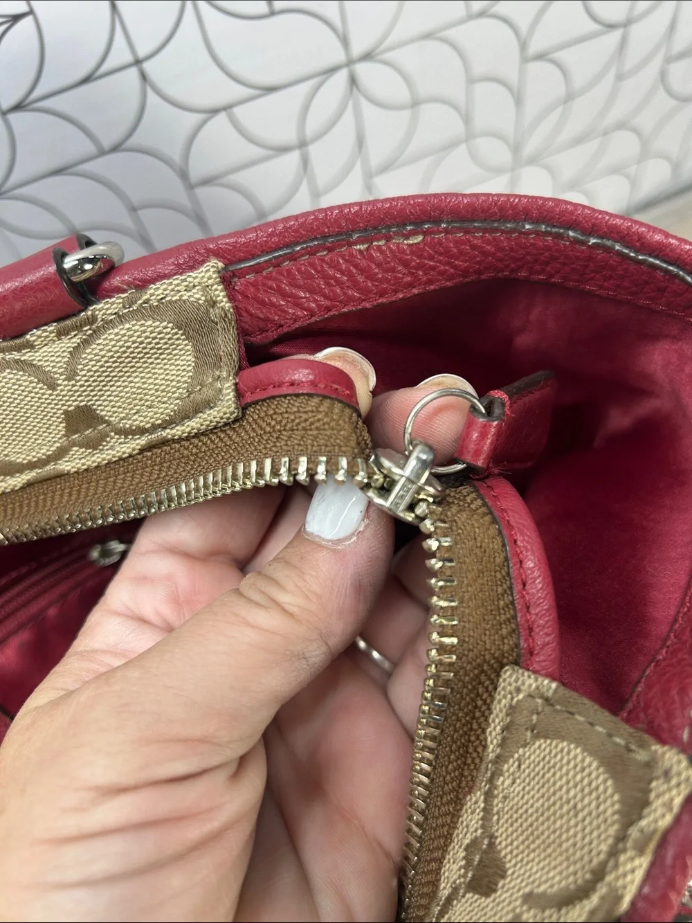 Coach Signature Canvas Tote with Red Leather Trim